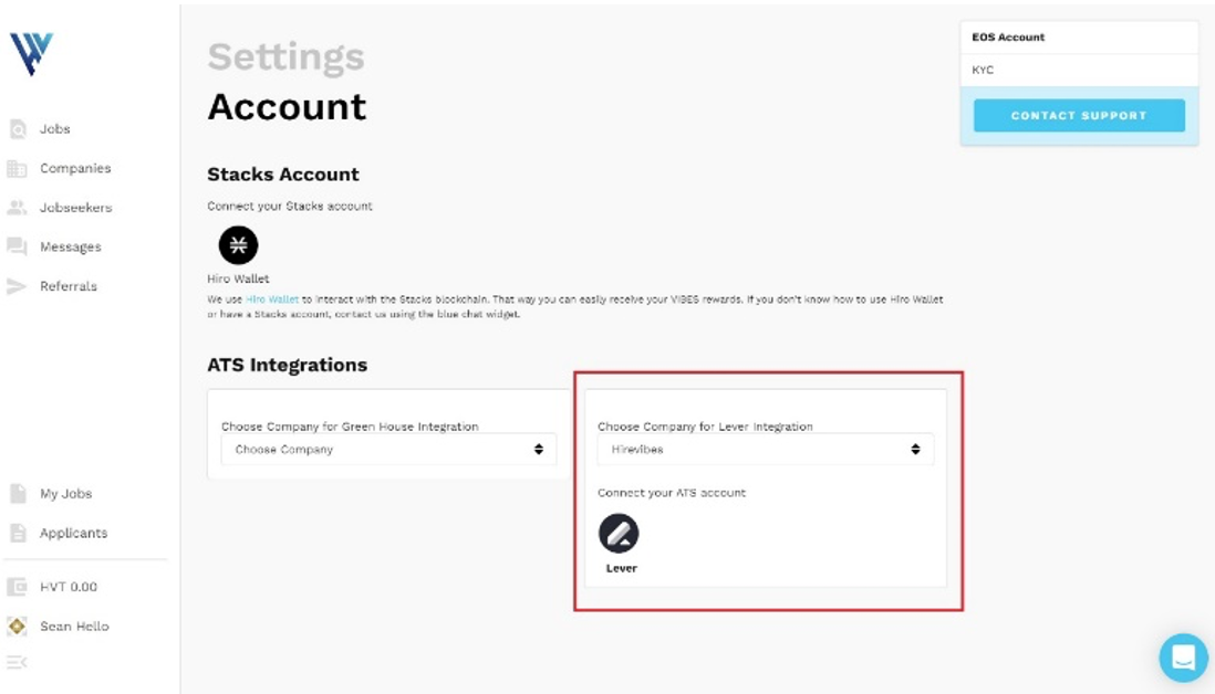 Hirevibes settings with Lever card outlined
