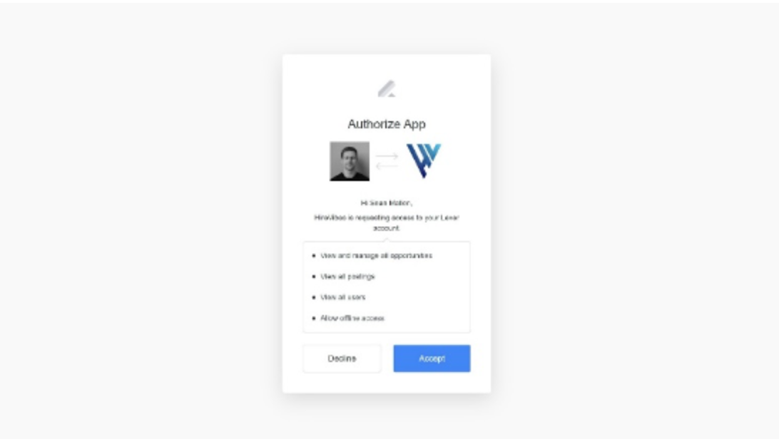 Hirevibes and Lever authorize app modal with list of permissions and blue accept button