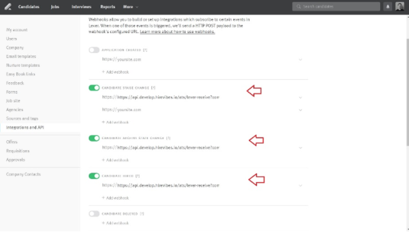 Lever webhooks page with arrows pointing to candidate stage change, candidate archive state change, and candidate hired sections