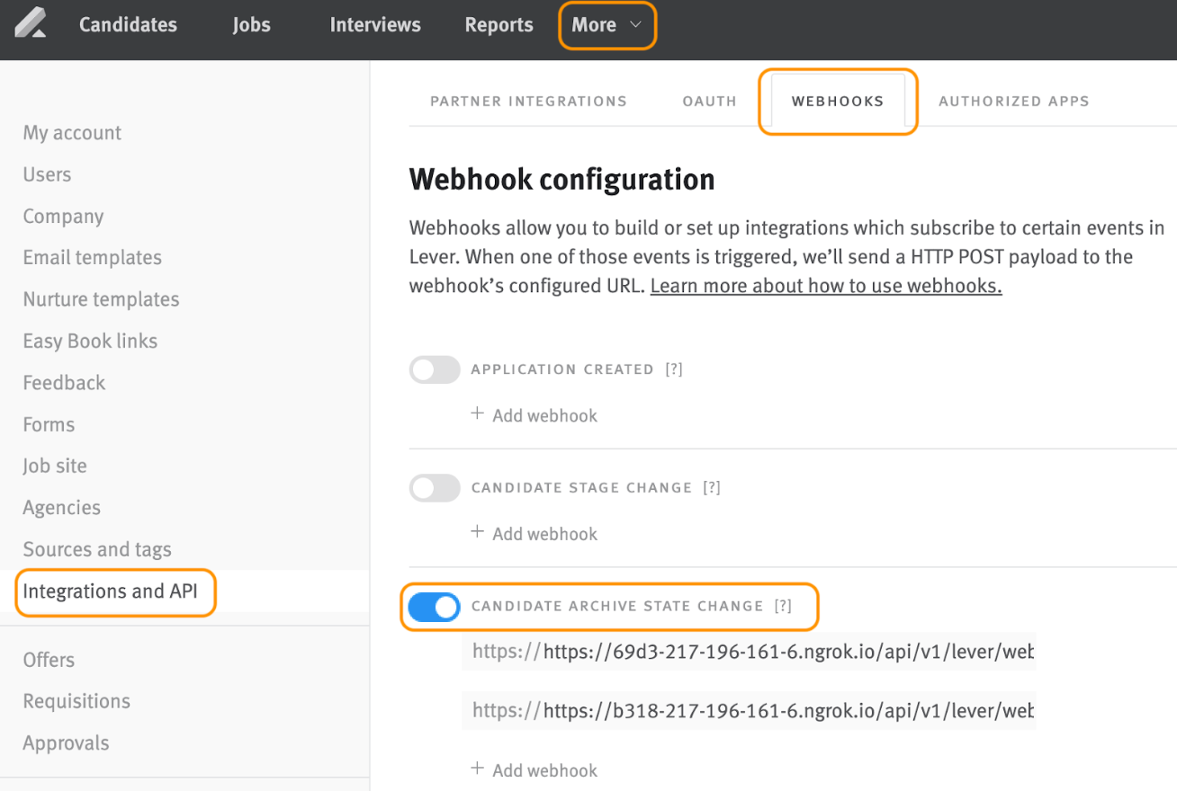 Lever webhooks tab with candidate archive state change toggle on blue