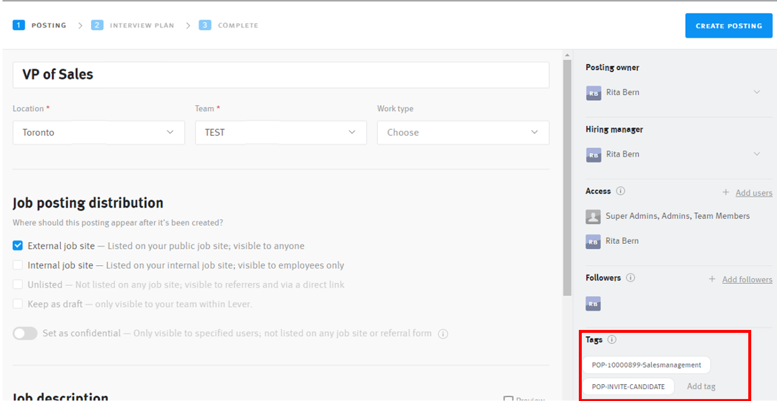 Lever job posting with tags section outlined.