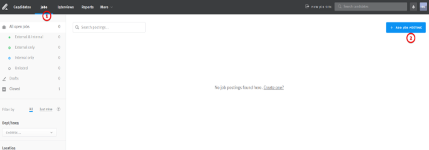 Lever platform showing job tabs and add job posting button.