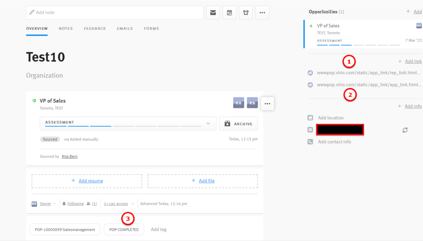 Lever candidate profile showing tags and selfmanagement links.