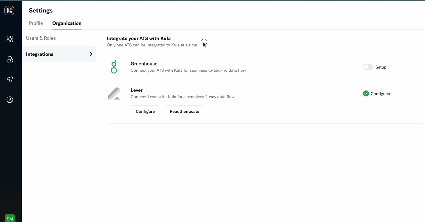 Gif showing configue integration modal mapping application stages between Kula and Lever