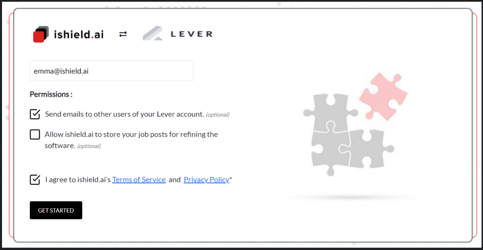ishield.ai and Lever sign up page showing list of permissions and get started button.