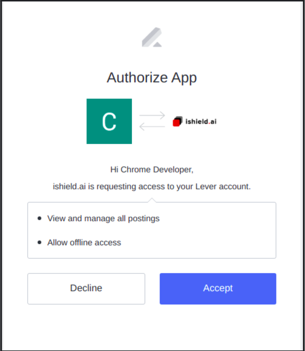 Lever authorize app modal with list of permissions and blue accept button.