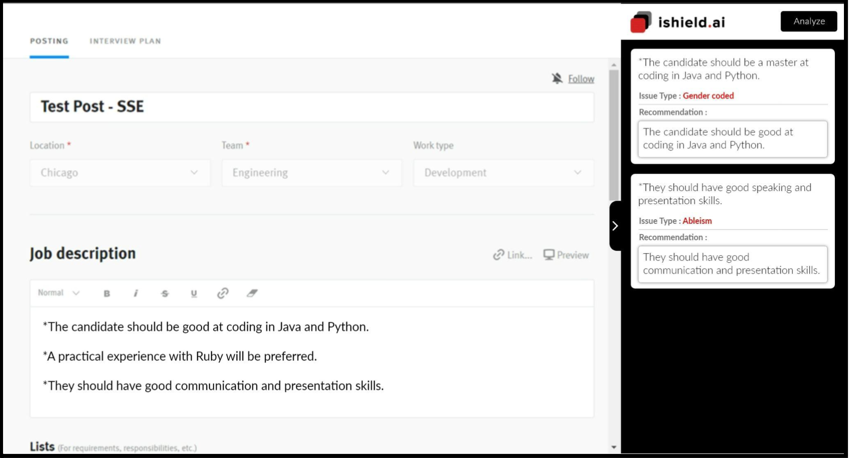 ishield.ai platform with job posting editor with text feedback prompts.