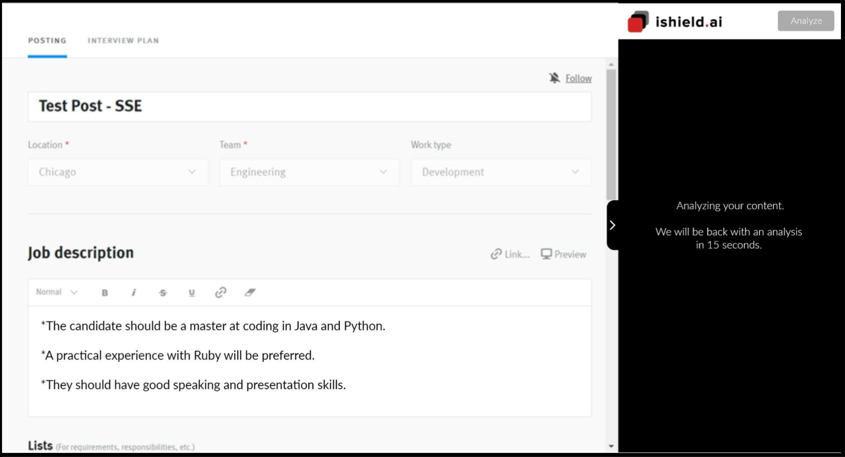 ishield.ai platform with job posting editor.