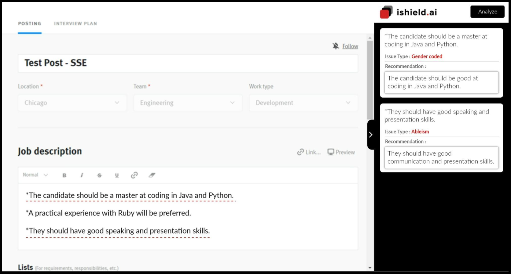 ishield.ai platform with job posting editor with text feedback prompts.