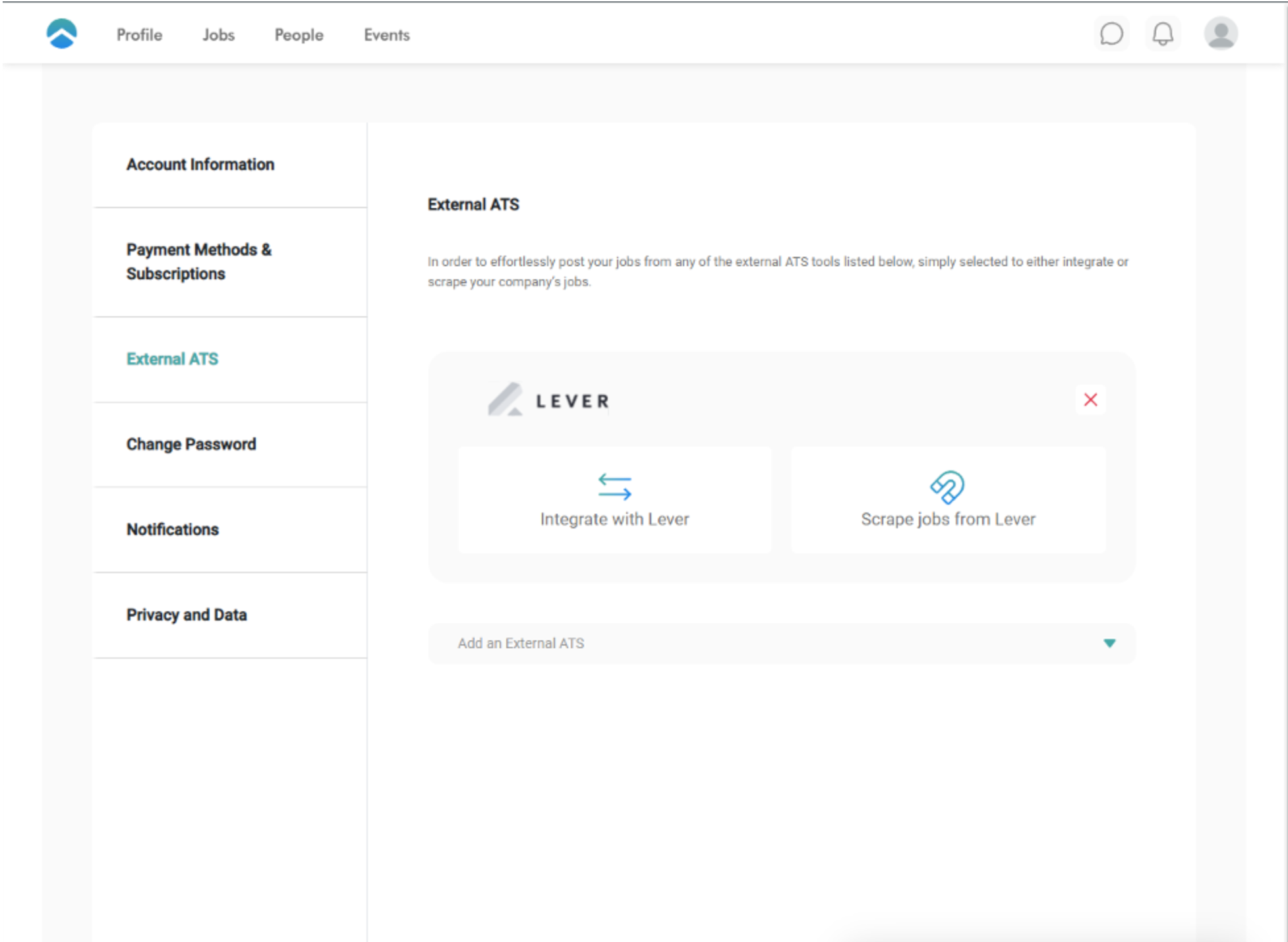 External ATS page in Leap Settings showing buttons to integrate with Lever or scrape jobs from Lever.
