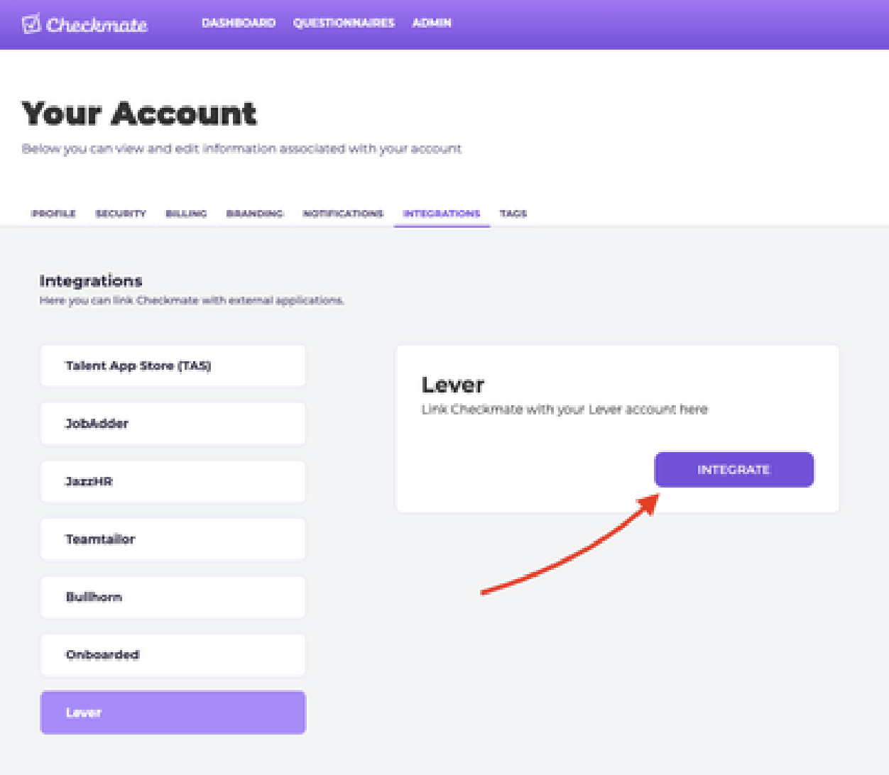 Checkmate account page with arrow pointing to Integrate button on Lever tile.