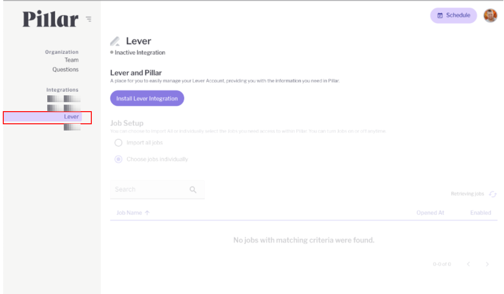 Screenshot of Lever Integration Page in Pillar. Select Lever.