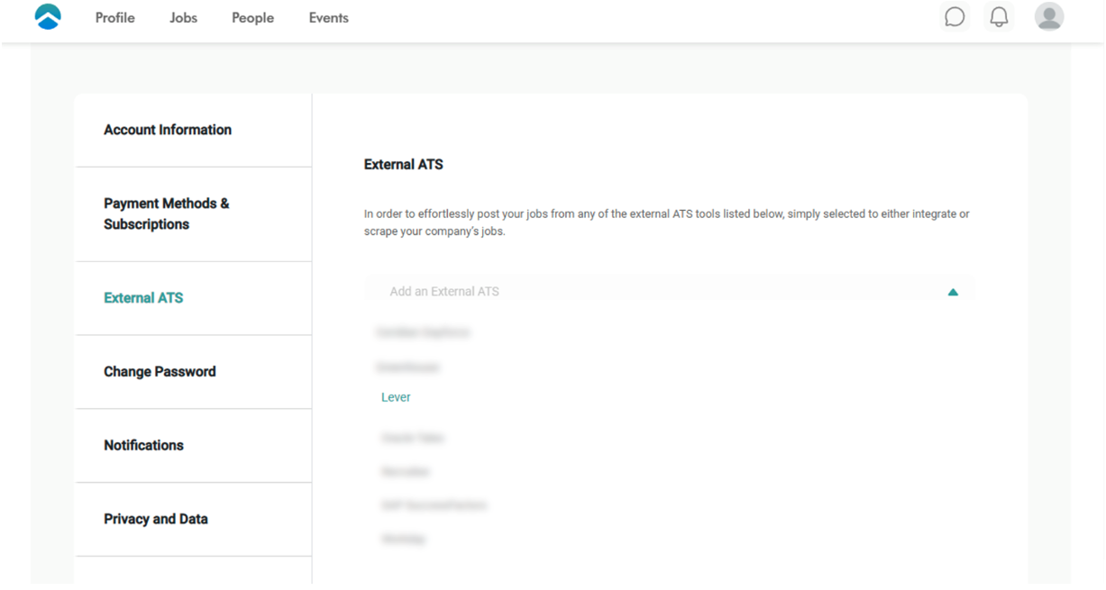 External ATS page in Leap Settings with showing Lever listing