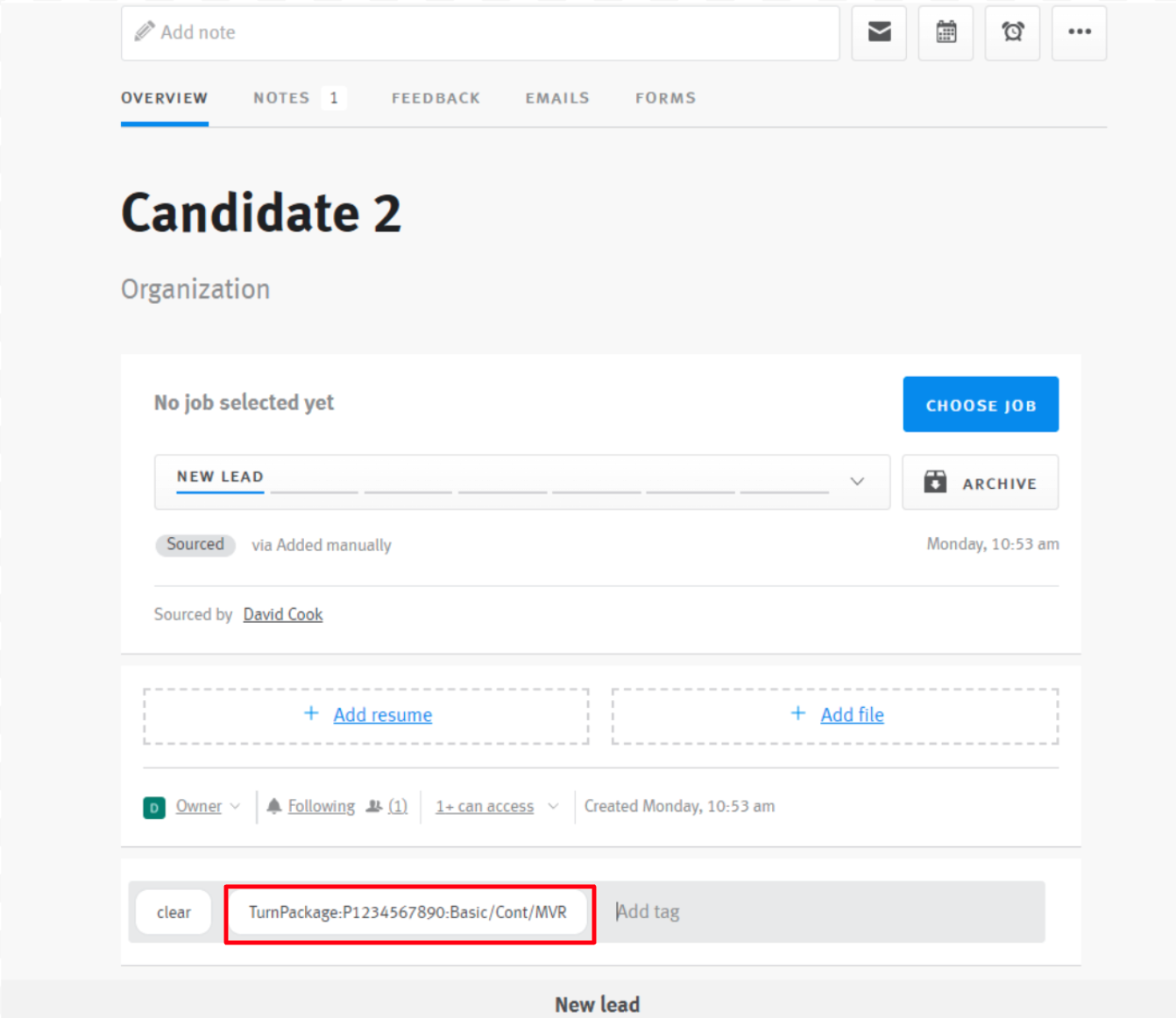 Lever candidate profile with turnpackage tag.