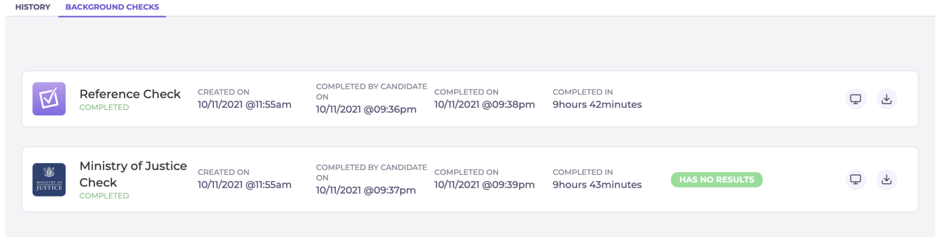 List of completed checks in Checkmate each with options to view and download.