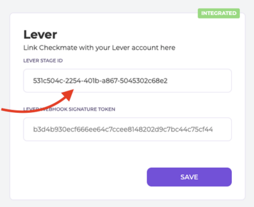 Arrow pointing to Lever Stage ID field in Checkmate