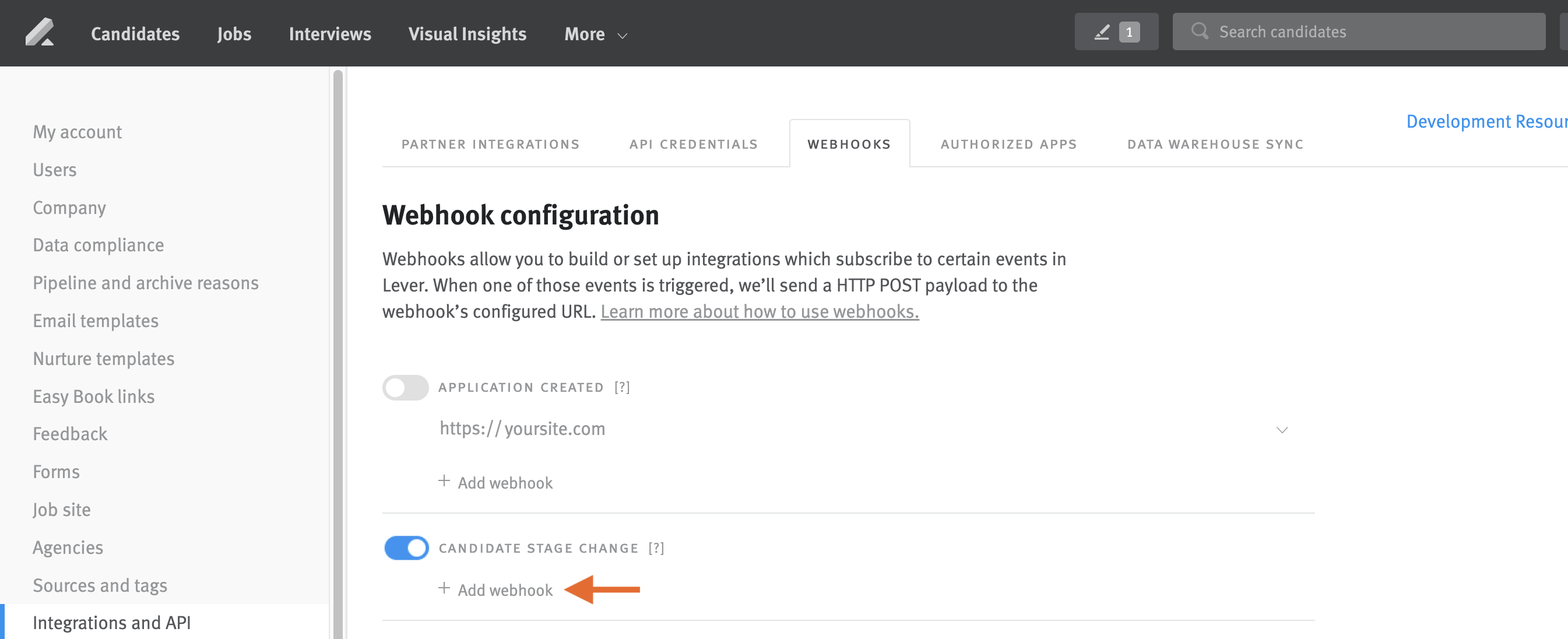 Arrow pointing to Add webhook link beneath Candidate Stage Change webhook toggle in Lever