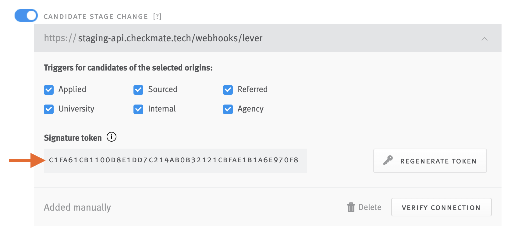 Arrow pointing to signature token in Candidate Stage Change webhook tile