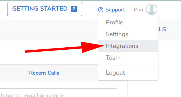 Honeit platform with arrow pointing to integrations in dropdown menu