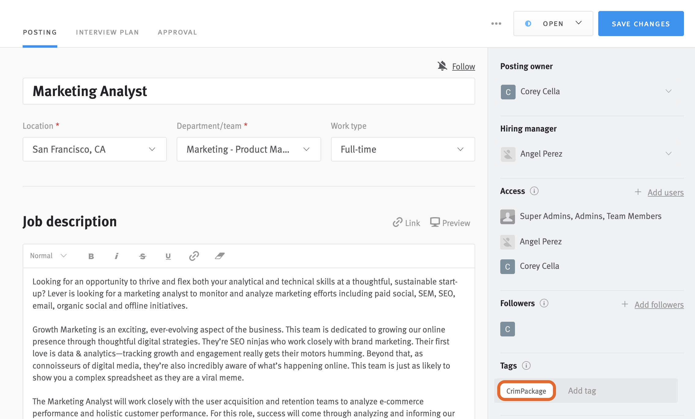 Posting editor with CrimPackage tag outlined.