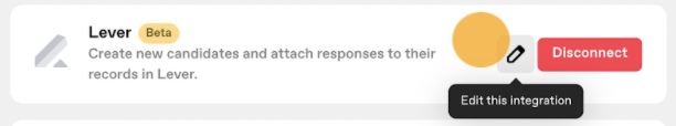 Videoask Platform Lever listing with edit integration button selected.