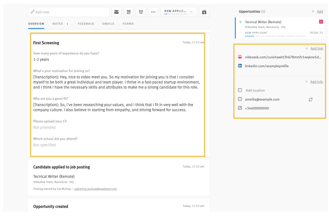 Lever candidate profile with first screening and contact information sections outlined.