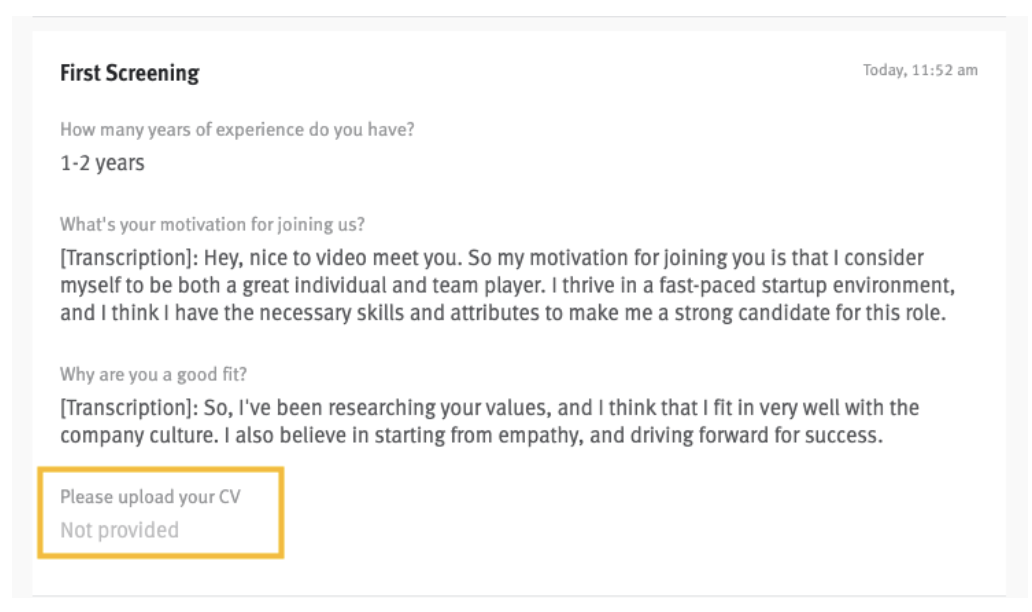 Lever first screening update with upload your CV button outlined.