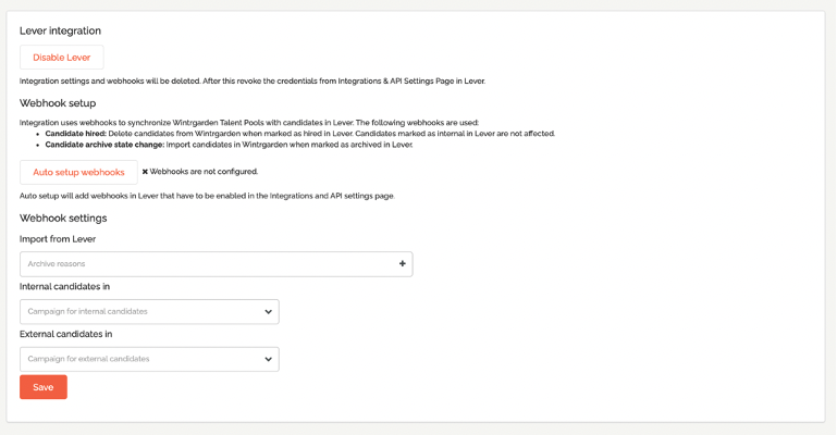 Wintgarden showing Lever integration page.