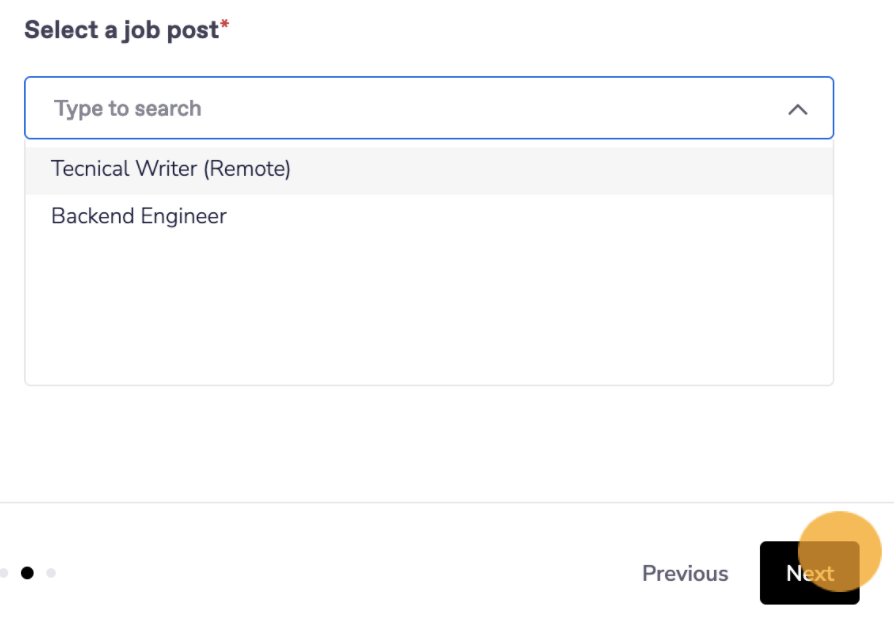 VideoAsk platform with job selector modal and next button selected.