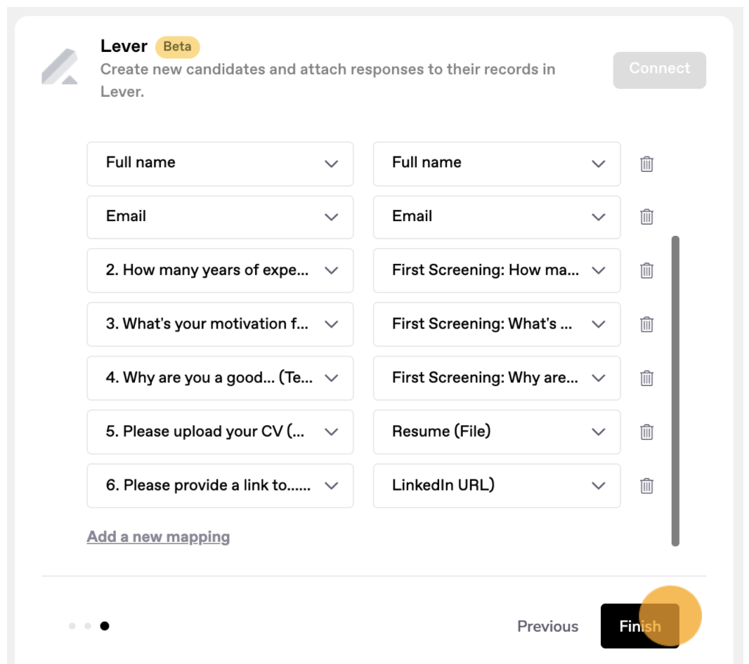 VideoAsk platform with VideoAsk questions and job post questions lists with add finish button selected.