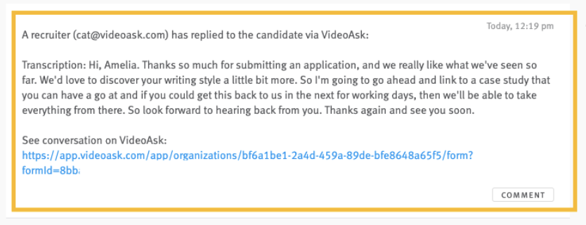 Lever VideoAsk update in notes section.