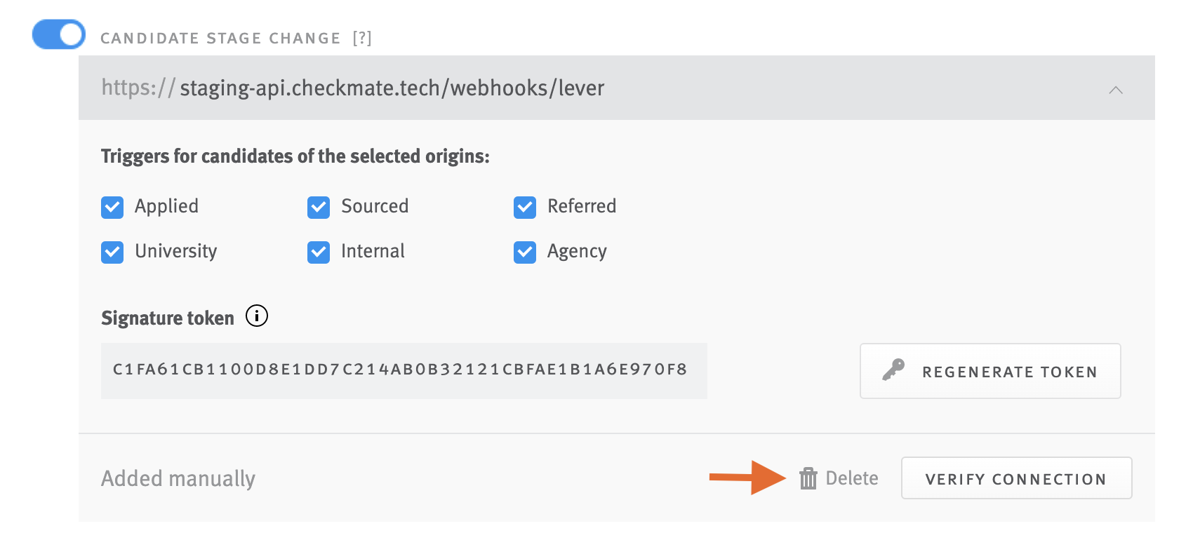 Arrow pointing to delete button on Candidate Stage Change webhook tile in Lever