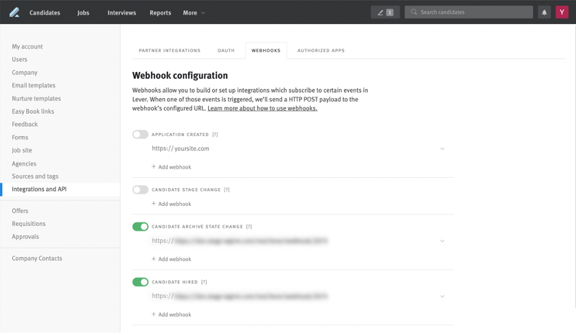 Lever webhook configuration page showing candidate archive stage change and candidate hired toggles on geen.