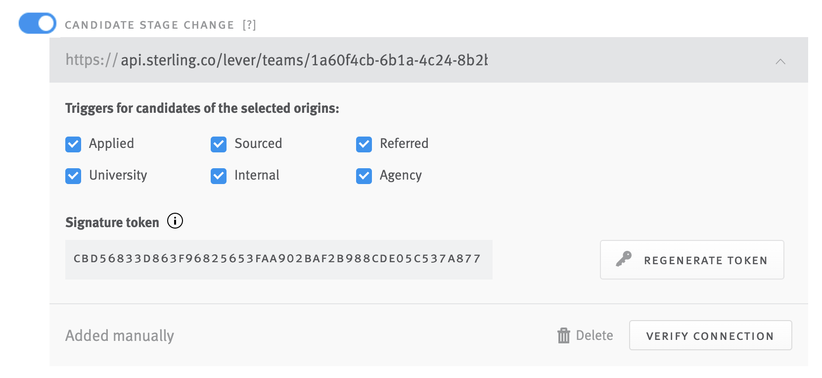 Candidate Stage Change toggle in Lever webhook settings