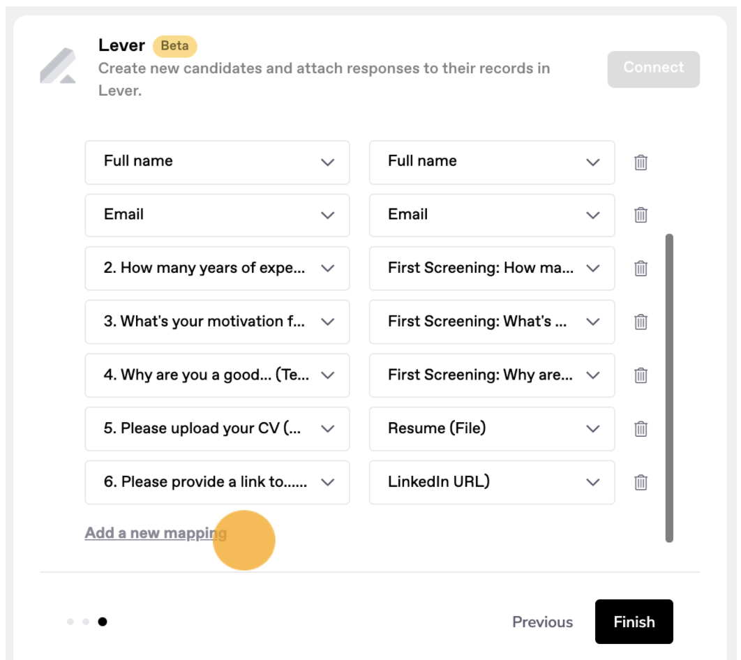 VideoAsk platform with VideoAsk questions and job post questions lists with add a new mapping button selected.