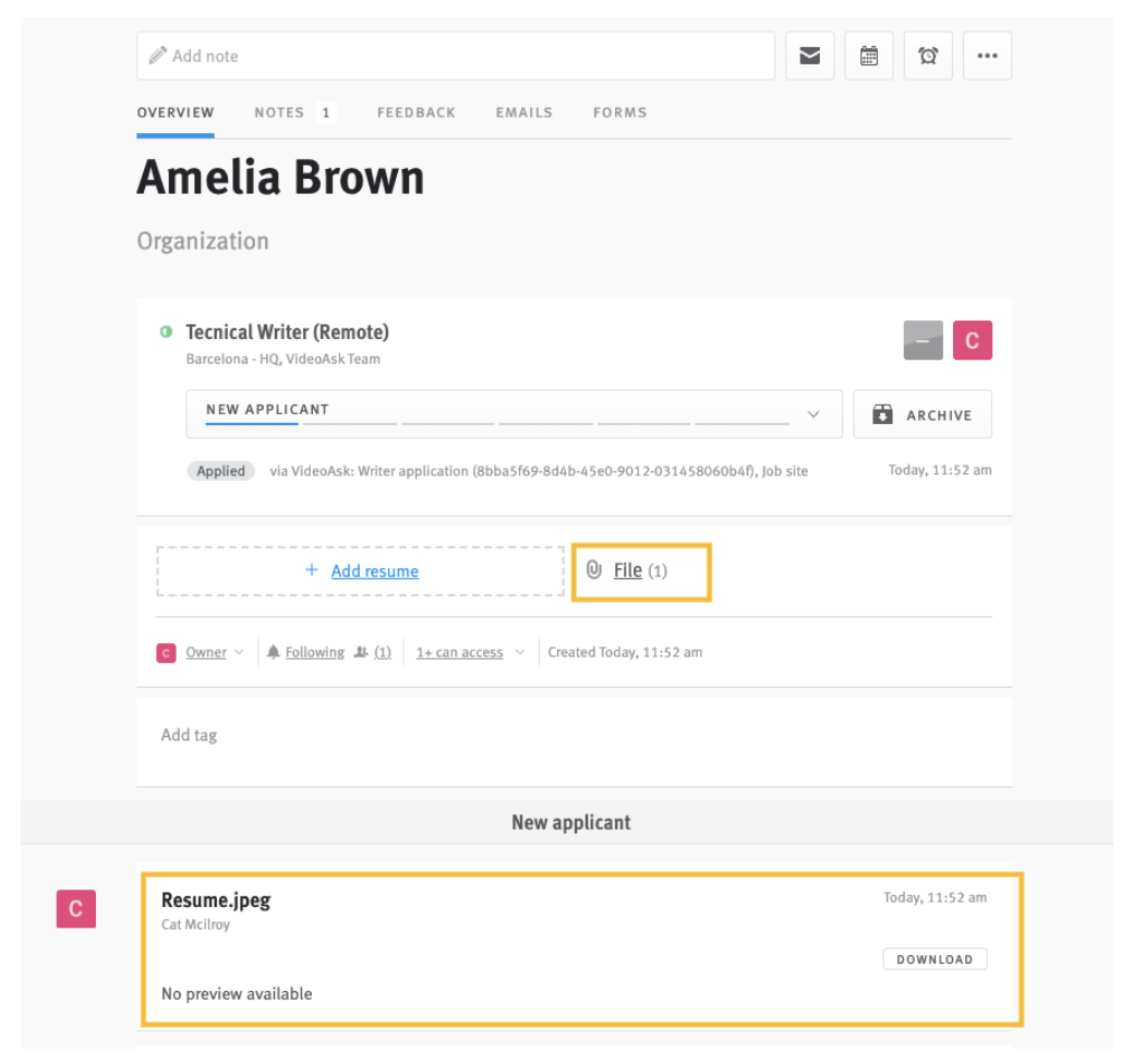 Lever candidate profile with resume in candidate history outlined.