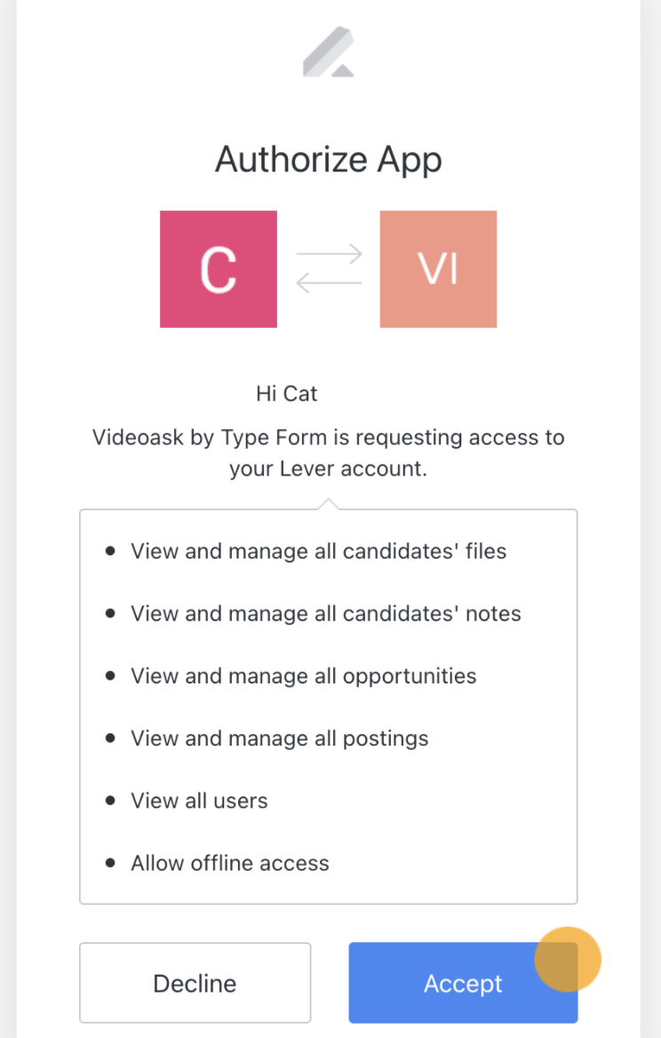 Lever authorize app modal with list of permissions and blue accept button.