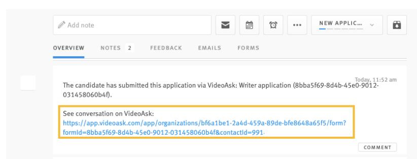 Lever candidate profile with VideoAsk update in candidate history outlined.