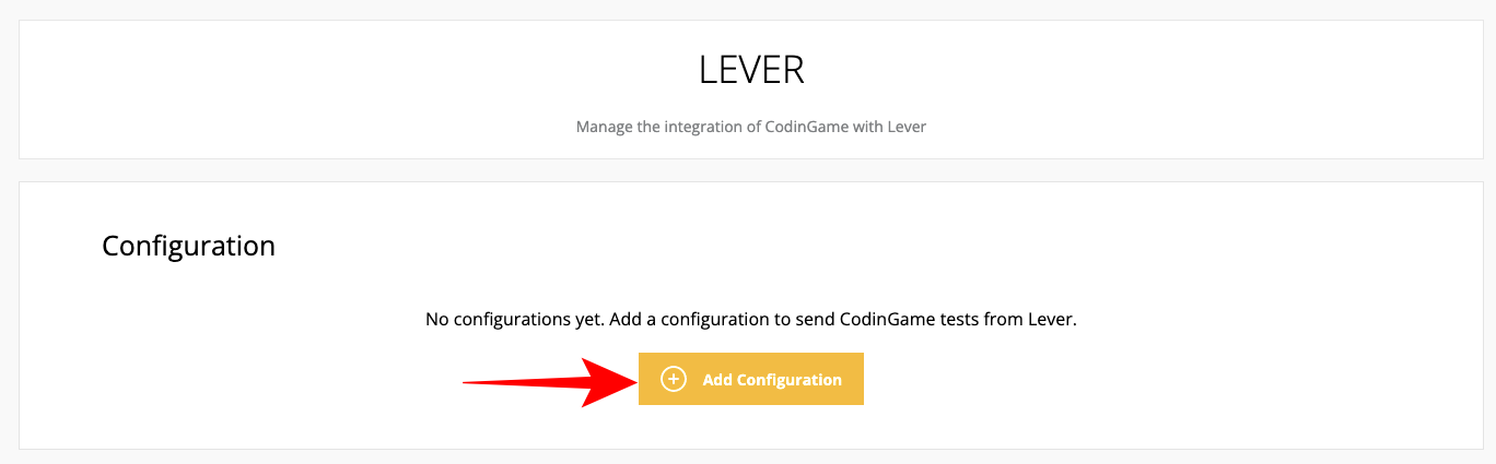 CodinGame platform showing Lever configuration page with arrow pointing to add configuration button