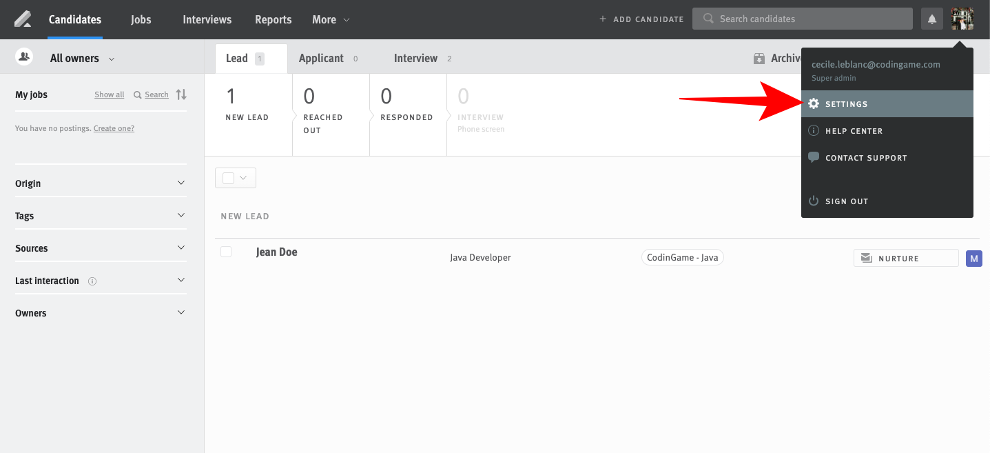 Lever platform showing arrow pointing to settings selection from dropdown menu
