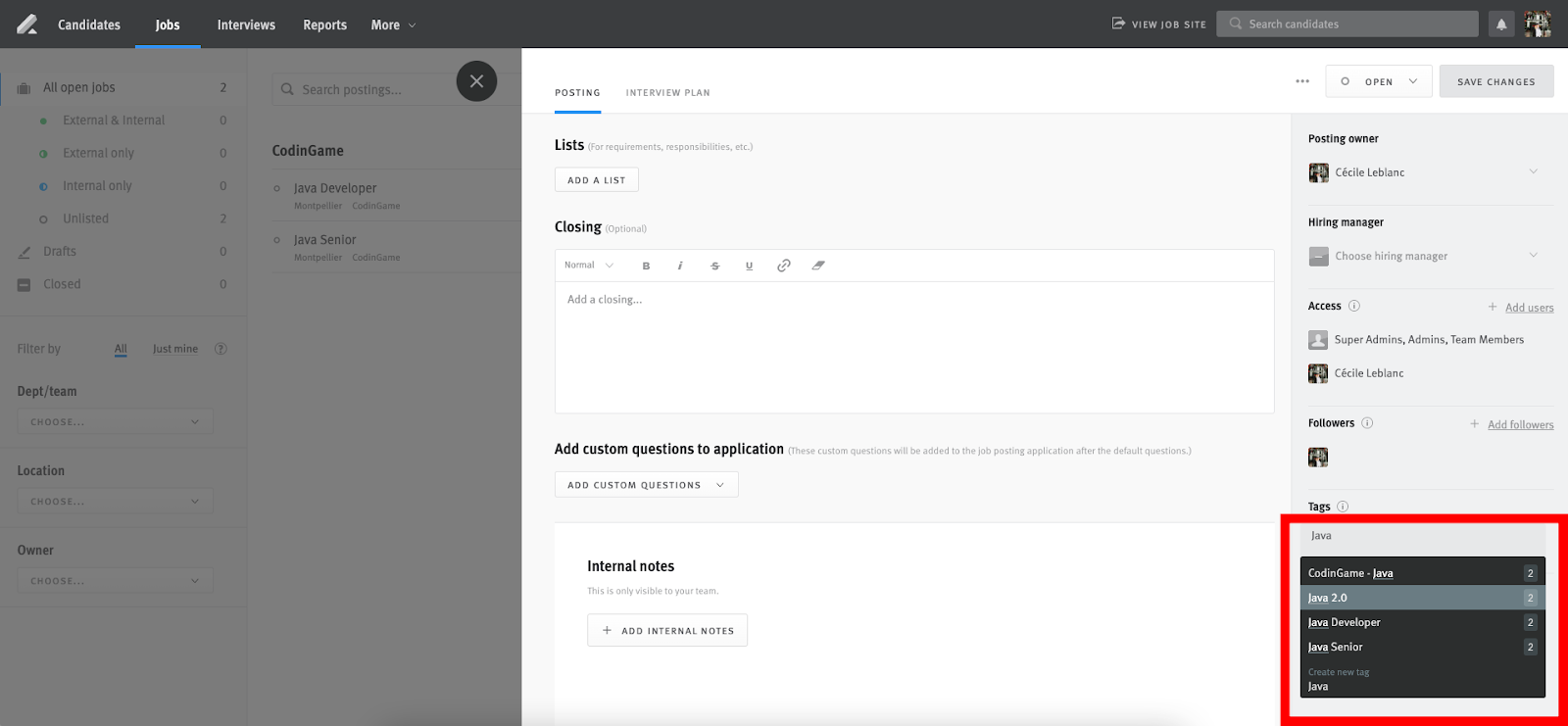 Lever job posting with tags dropdown outlined