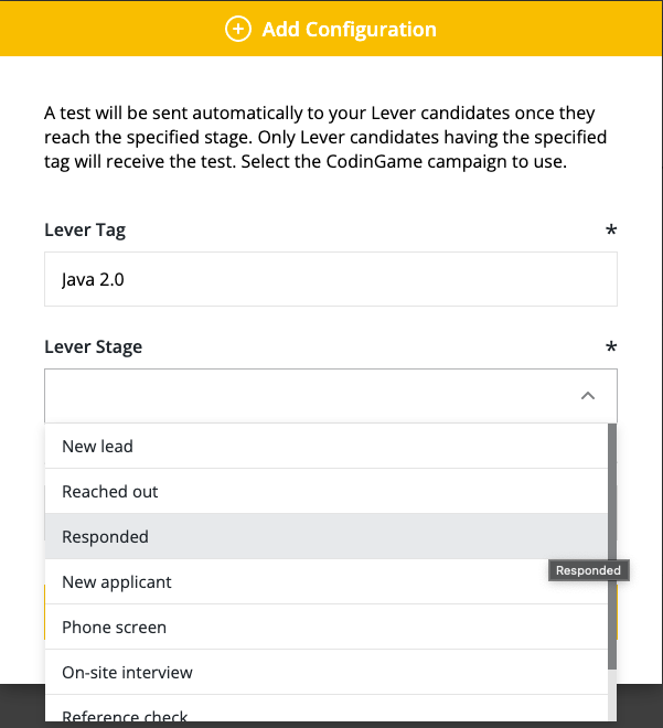 CodinGame platform add configuration modal with lever tag field filled and stage change menu dropdown