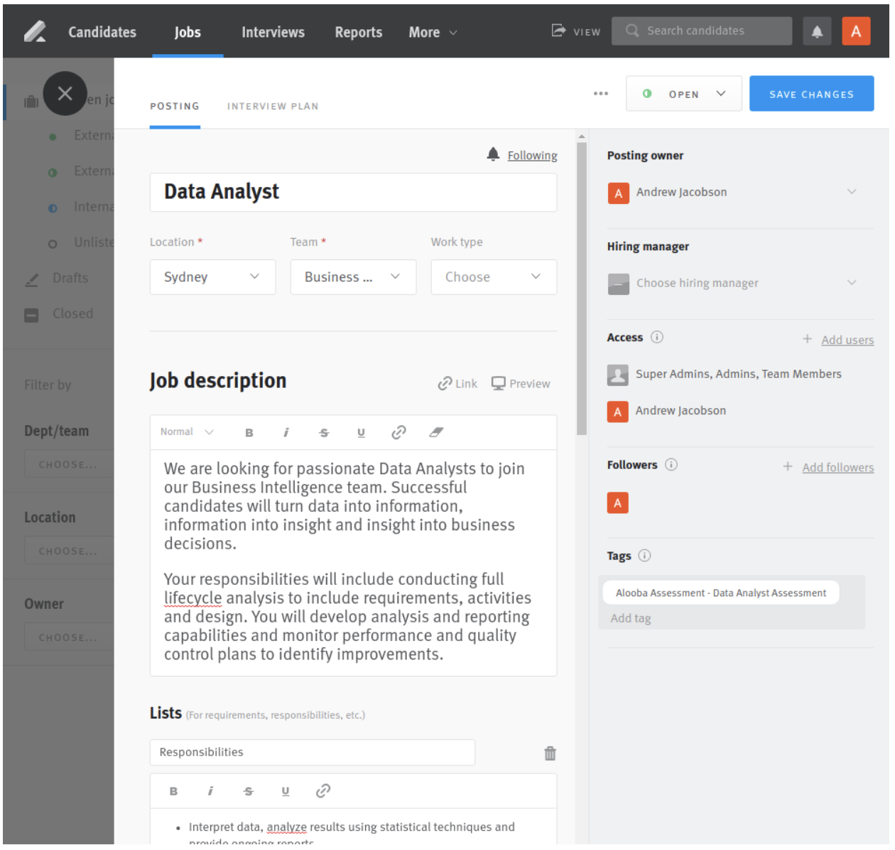 Lever job posting with alooba tags in tag section