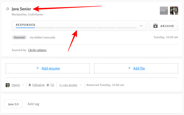 Lever candidate profile with arrow pointing to job title and stage field