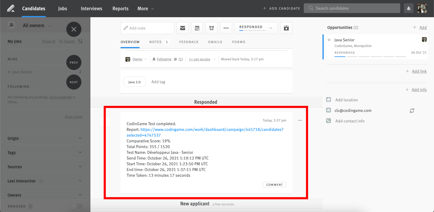 Lever candidate profile codingame test results in candidate history