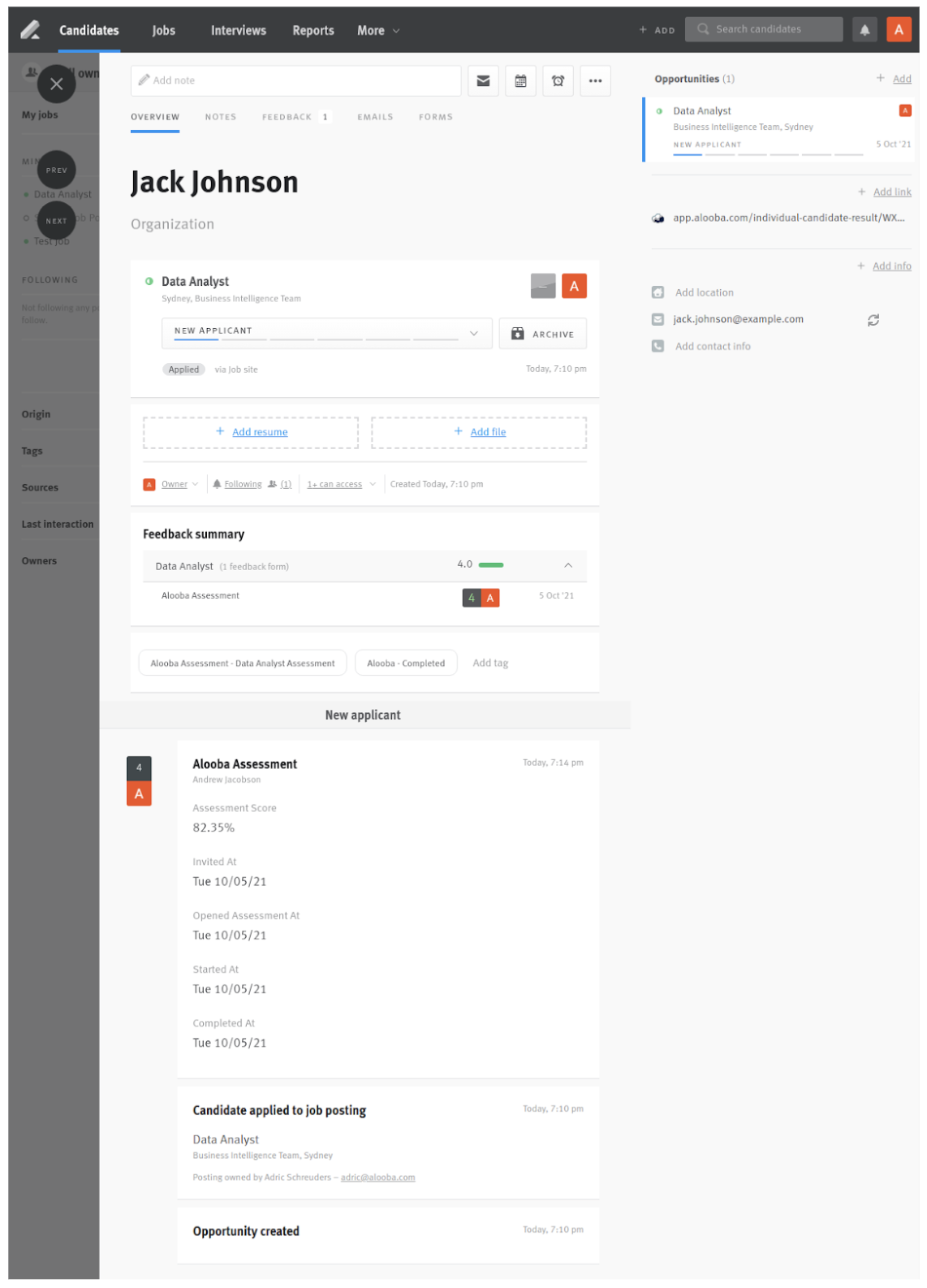 Lever candidate profile with alooba assessment update and score in candidate history section.