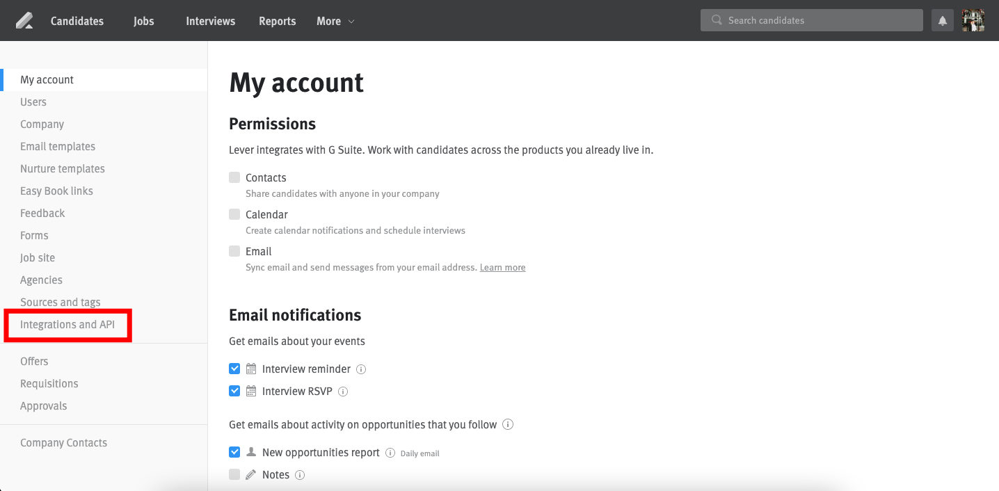 Lever platform with integrations and API outlined in left hand menu