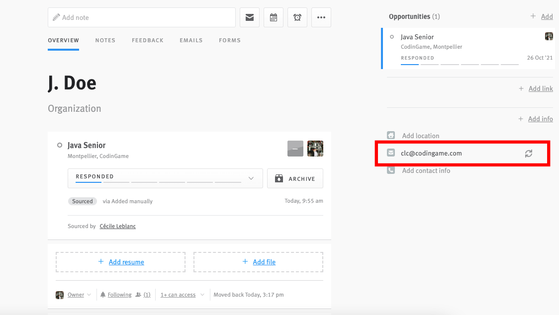 Lever candidate profile with email outlined