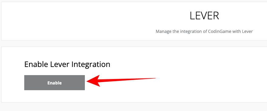 CodinGame page listing Lever and arrow pointing to enable button