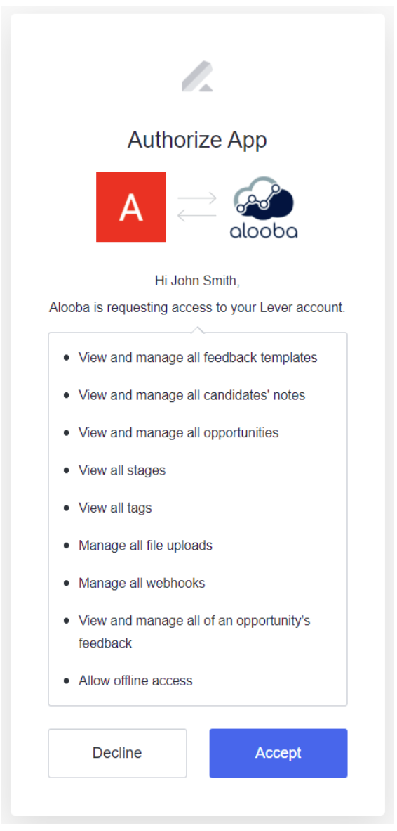 Lever authorize app modal with list of permissions and blue accept button.